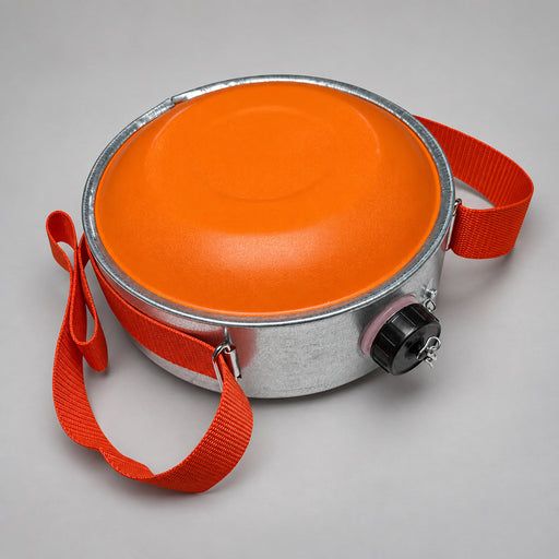 Orange Oasis 4-quart western canteen with carry strap, metal band and chained black cap