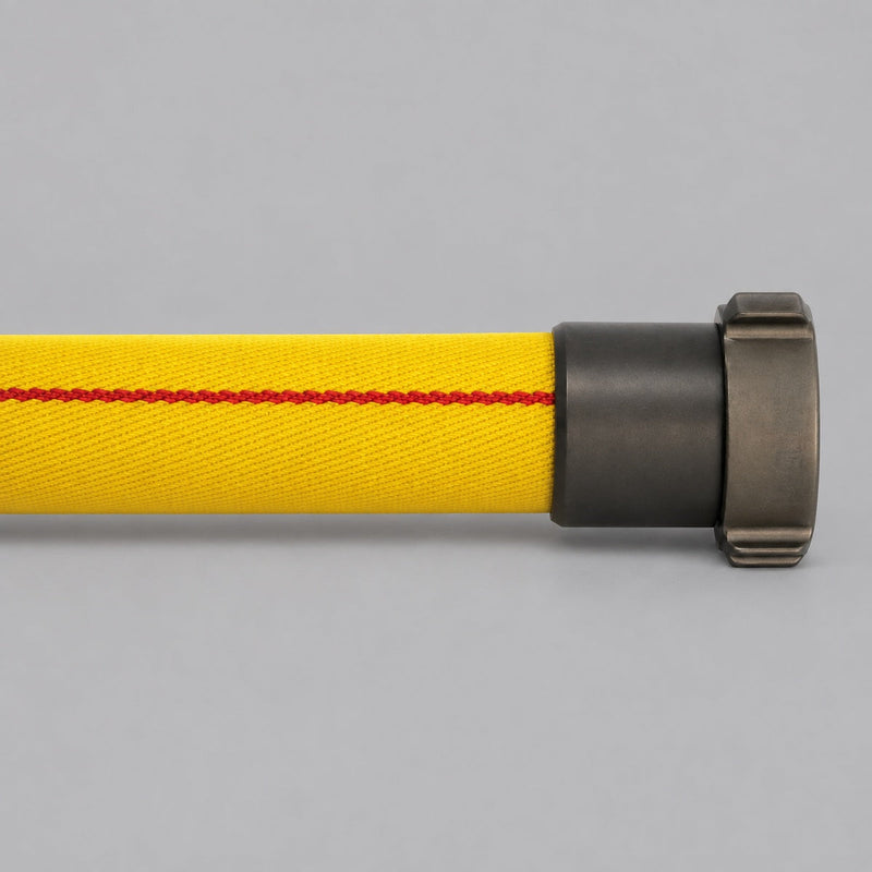 Yellow Outback 600 HD forestry hose with red tracer stripe and metal coupling