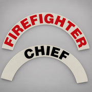 Reflective helmet crescents with red Firefighter and black Chief lettering