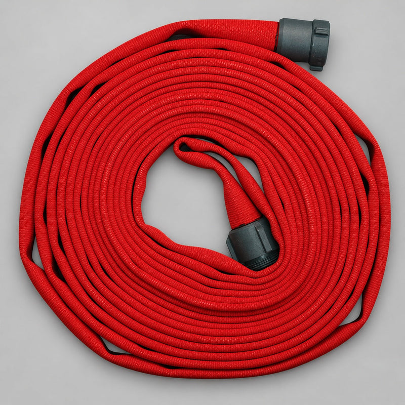 Coiled red fire hose with couplings shown for swivel gasket reference
