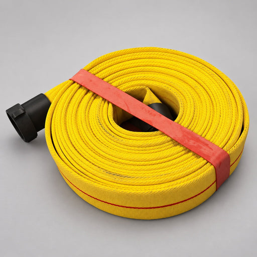 Rubber hose band securing a rolled yellow fire hose; hose shown for demonstration