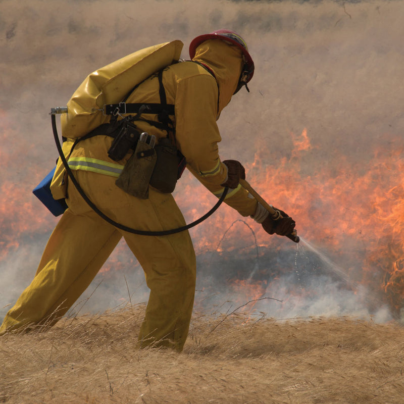 Firefighter wearing a backpack pump and spraying water along a grass fire