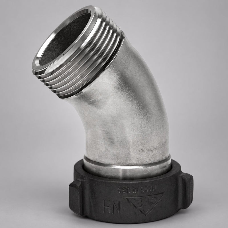 45-degree stainless steel elbow with external male threads and a black swivel coupling.