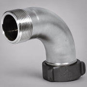 90-degree stainless steel elbow with external male threads and a black swivel coupling.