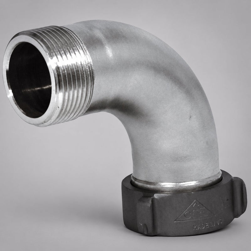 90-degree stainless steel elbow with external male threads and a black swivel coupling.