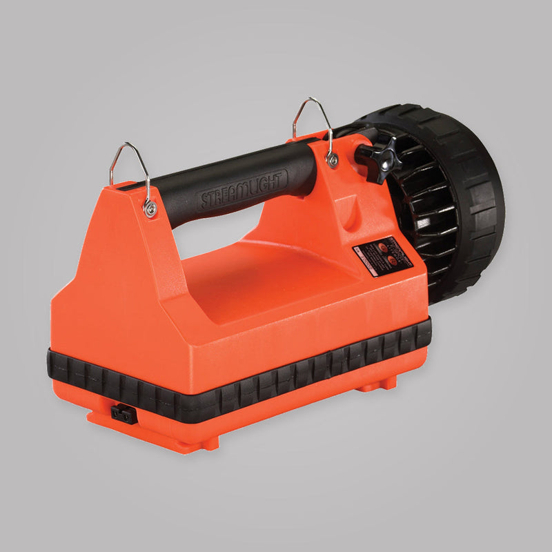 Rear view of orange Streamlight E-Spot LiteBox showing handle, head adjustment knob and charging connection