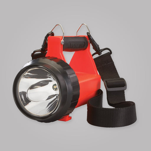 Orange Streamlight Fire Vulcan LED lantern with front reflector and quick-release carrying strap