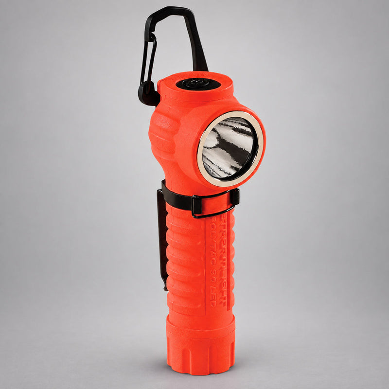 Orange Streamlight PolyTac 90 LED right-angle light with raised carabiner-style D-ring