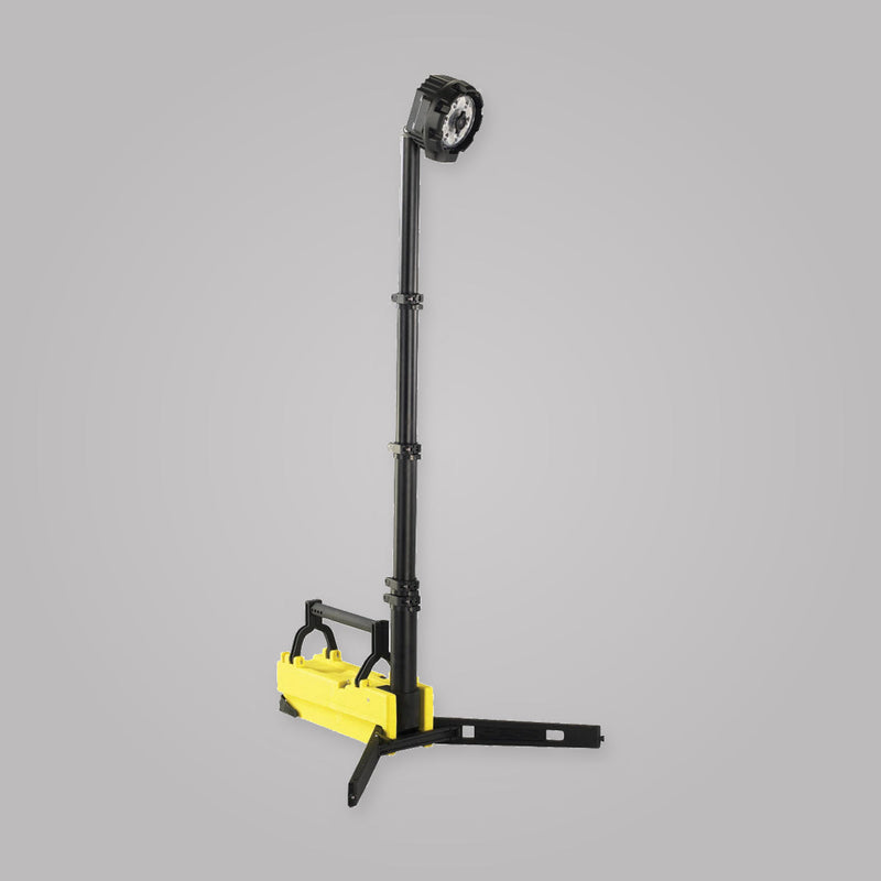 Yellow Streamlight Portable Scene Light with telescoping pole extended and stabilizing legs deployed