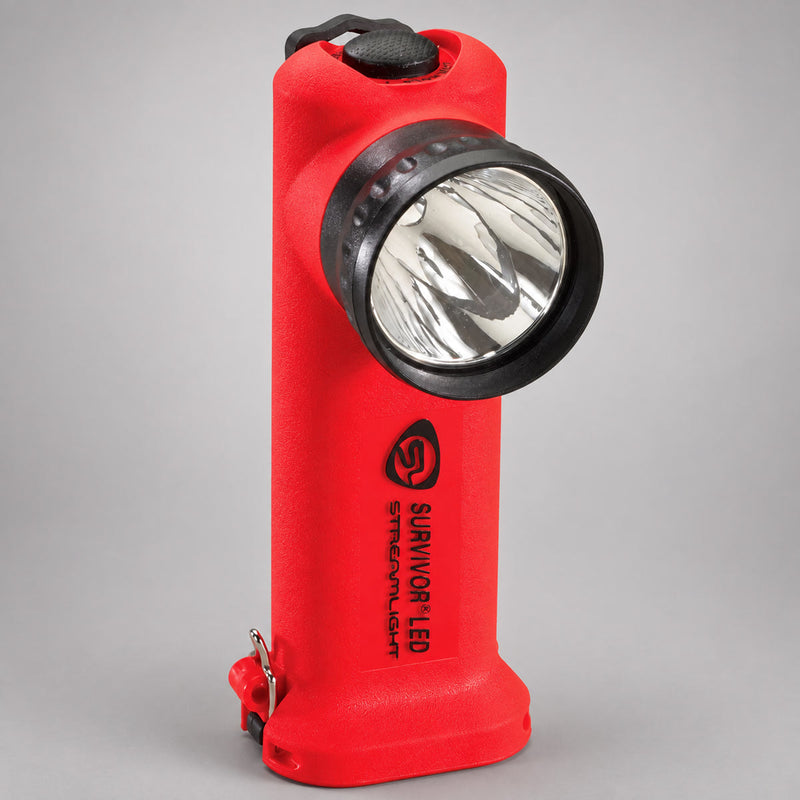 Orange Streamlight Survivor LED right-angle light, front three-quarter view