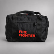 Black Strike Team forestry gear bag with black webbing handles, zippered side pocket and red FIRE FIGHTER lettering.