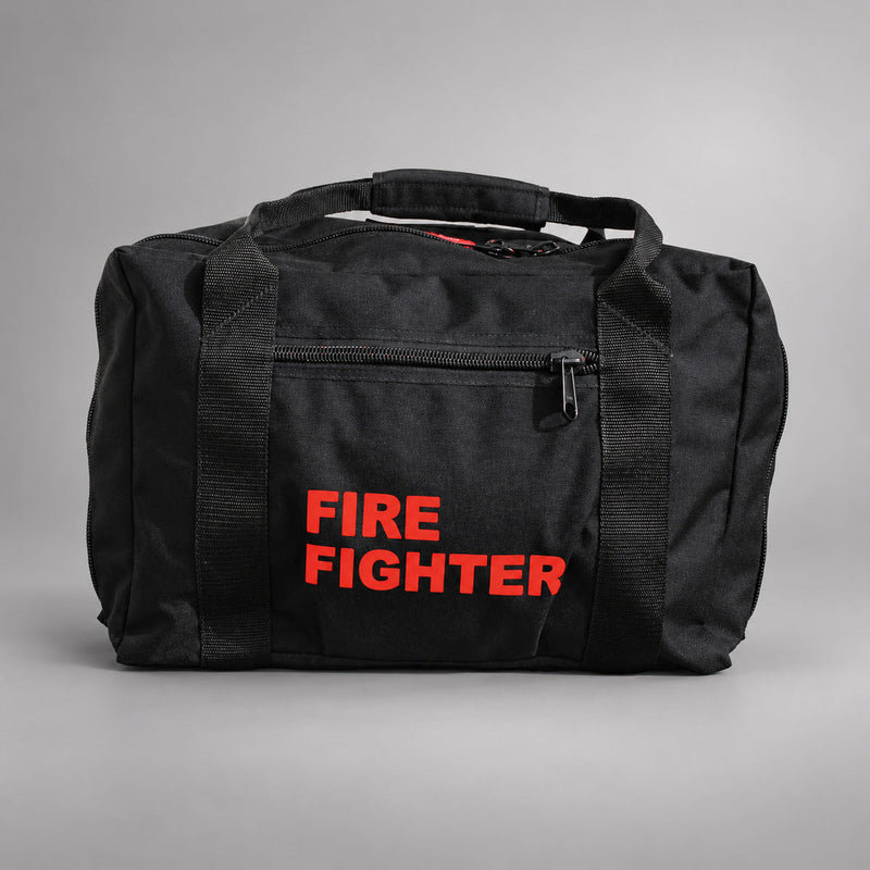 Black Strike Team forestry gear bag with black webbing handles, zippered side pocket and red FIRE FIGHTER lettering.