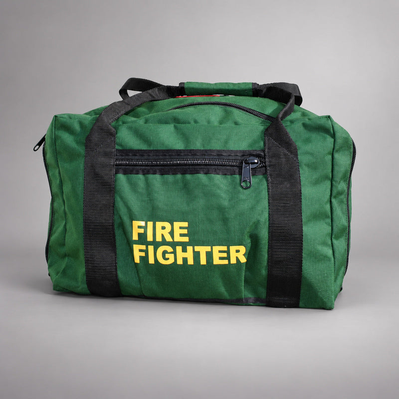 Green Strike Team forestry gear bag with black webbing handles, zippered side pocket and yellow FIRE FIGHTER lettering.