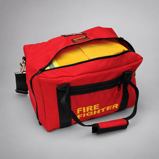 Red Strike Team forestry gear bag with main compartment open and yellow clothing visible inside.
