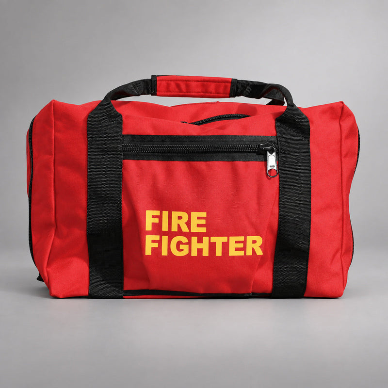 Red Strike Team forestry gear bag with black webbing handles, zippered side pocket and yellow FIRE FIGHTER lettering.