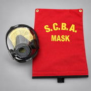 Red Strike Team SCBA mask bag with two hanging grommets pictured beside an SCBA face mask.