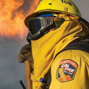Strike Team wildland firefighter face and neck shroud in use
