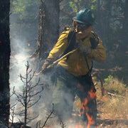 Wildland firefighter wearing Wildcat protective goggles during wildfire operations