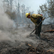 Wildland firefighter working with a hand tool on smoky, burned ground during mop-up.